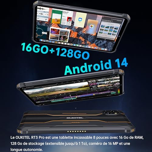 Tablette OUKITEL RT3 Pro Incassable Noire - Android 14 8 Pouces, 16MP Caméra, 2 Ans Garantie, Noir